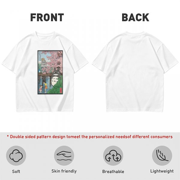 Olive T-shirt with Totoro cherry blossom Japanese woodblock print