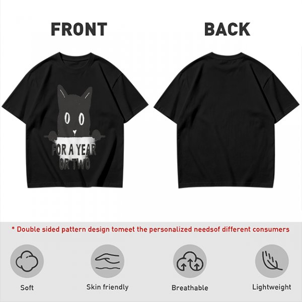 Olive graphic t-shirt with black cat holding 'for a year or two' text