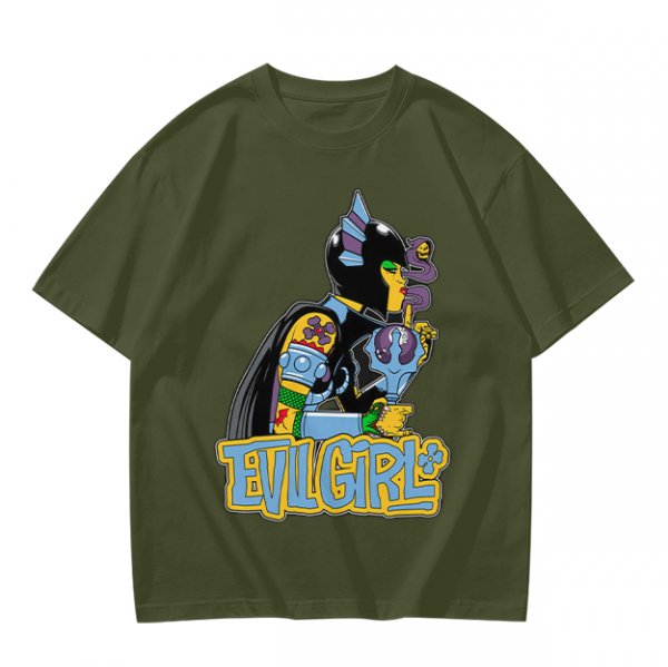 Olive T-shirt with Evil Girl Graphic Print