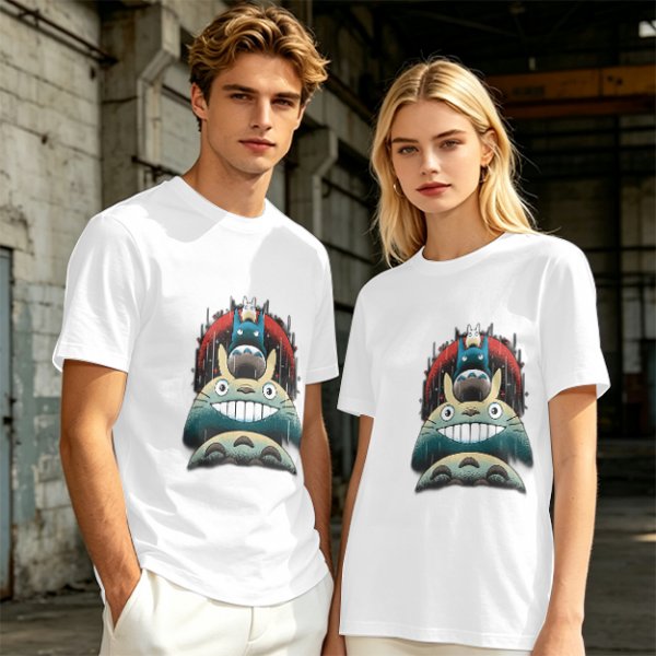Olive green t-shirt with stacked Totoro characters graphic