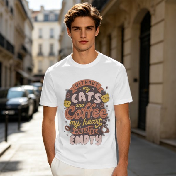 Olive graphic t-shirt with cats and coffee heart quote