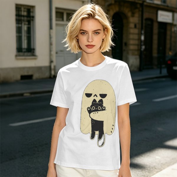 Olive T-Shirt With Ghost Holding Black Cat Graphic