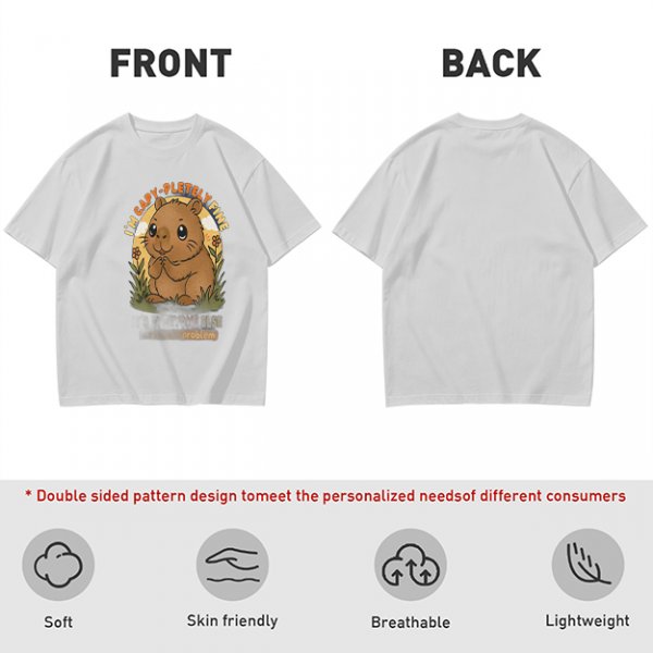 Olive t-shirt with cute capybara 'I'm capy-pletely fine' graphic