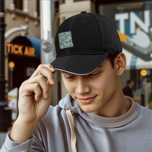 Black Baseball Cap With Blue Whimsical Character Print