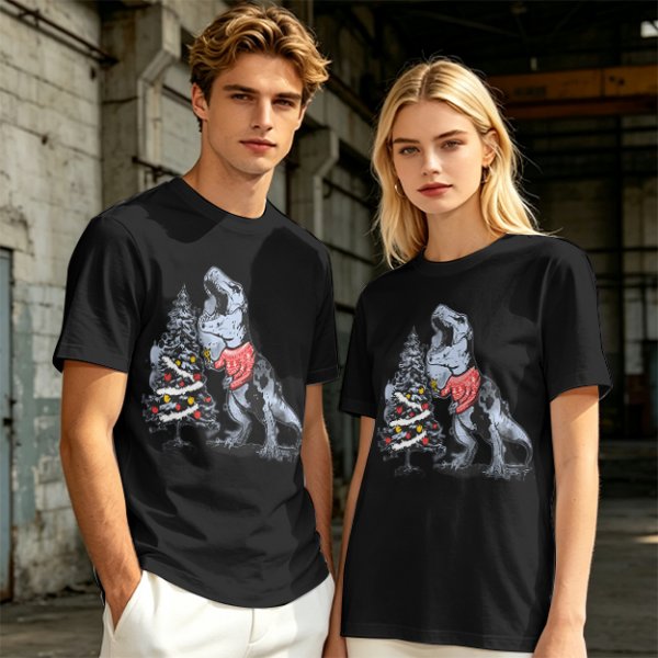 Olive T-shirt with T-Rex in Christmas sweater decorating a tree