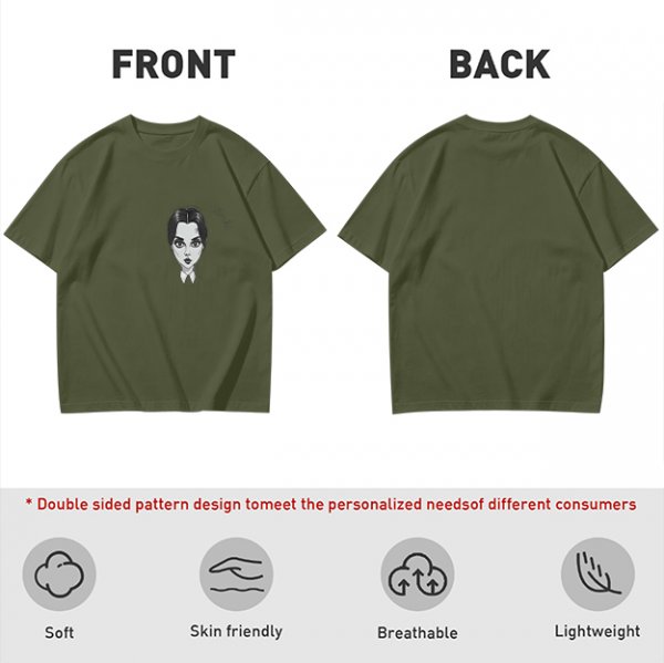 Oversized Olive T-Shirt With Wednesday Addams Portrait Print