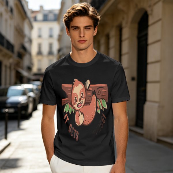 Olive T-Shirt with Cute Sloth 'It Gets Better' Graphic Print