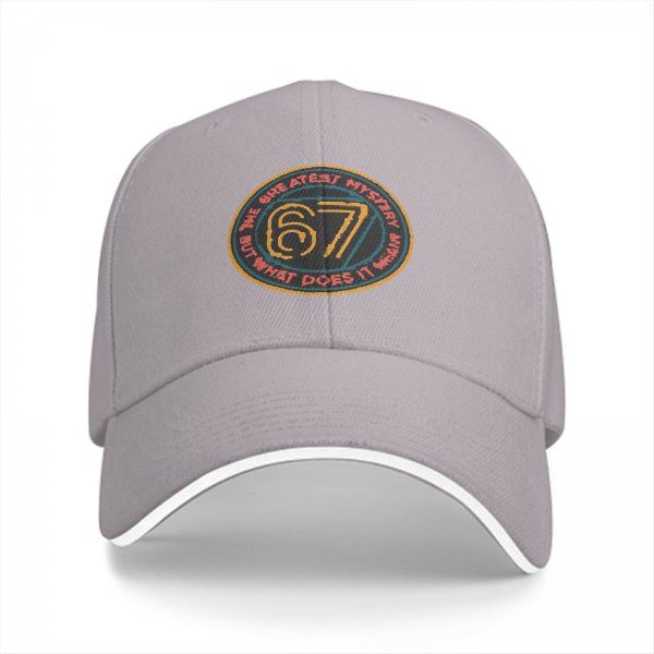 Black baseball cap with '67 The Greatest Mystery' graphic design