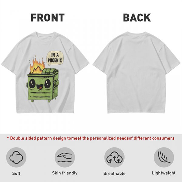 Olive green t-shirt with a cartoon dumpster on fire saying I'm a phoenix