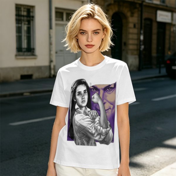 Olive T-shirt with vintage woman flexing arm graphic print