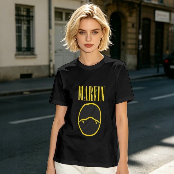 Olive T-Shirt with Marvin Text and Simple Face Graphic