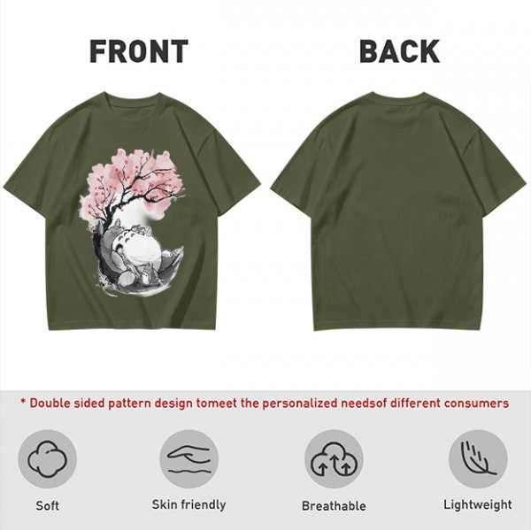 Olive T-shirt with Totoro and Cherry Blossom Tree Art Print