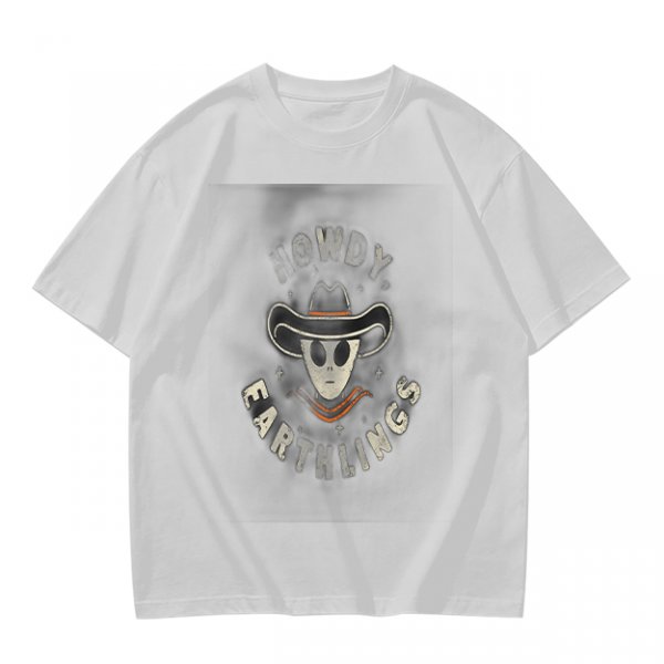 Olive t-shirt with alien cowboy howdy earthlings graphic