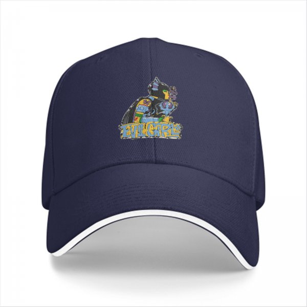 Black baseball cap with colorful cat graphic and Evil Girls text