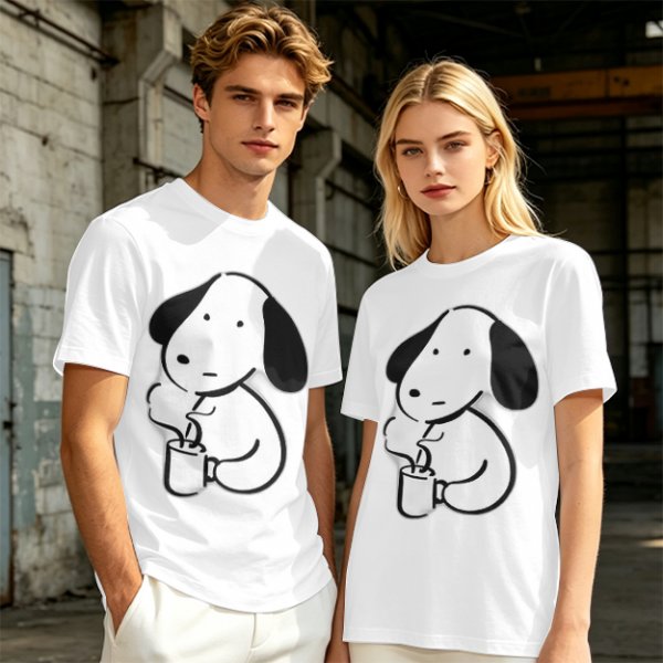 Olive Green T-Shirt With Cartoon Dog Holding Hot Drink Graphic