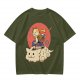 Olive T-shirt with a cat warrior riding a flying cloud graphic