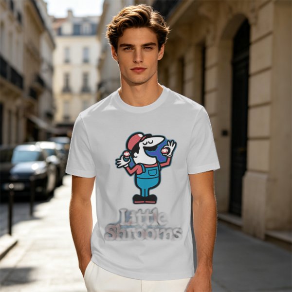 Olive T-shirt with Cartoon Character Holding Mushrooms Print