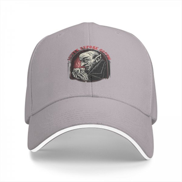 Black baseball cap with vampire drinking coffee 'Coffee Before Coffin' print