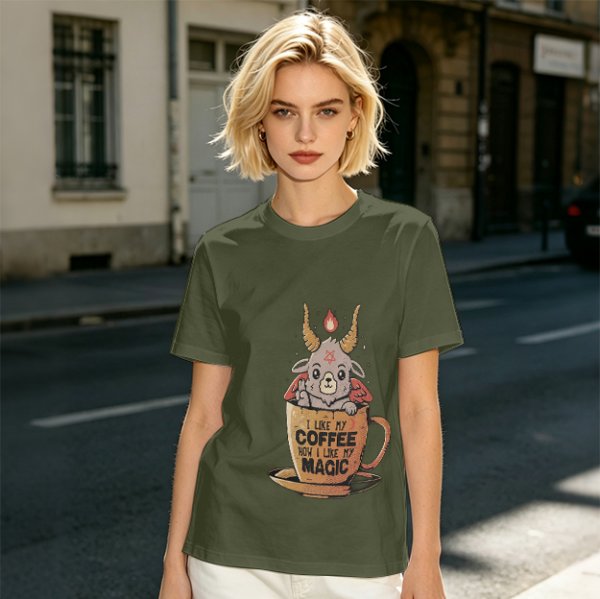 Olive t-shirt with cute Baphomet coffee magic print