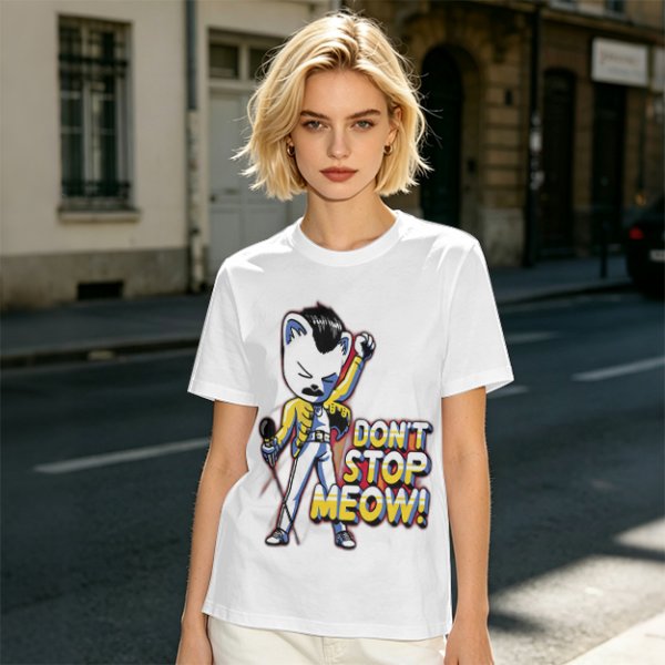 Olive graphic t-shirt with cat Freddie Mercury 'Don't Stop Meow' print