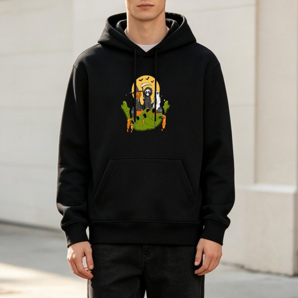 Black Hoodie With Halloween Ghosts Grim Reaper Pumpkin Print