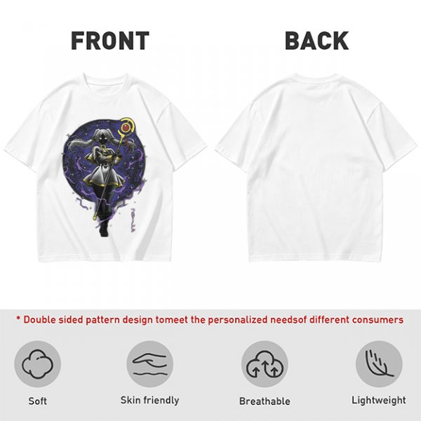 Olive T-shirt with dark anime elf mage holding staff and purple magic circle print