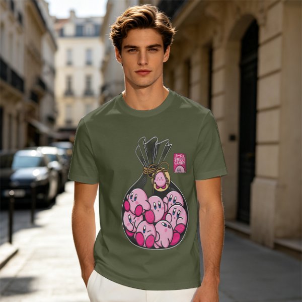 Olive T-Shirt With Cute Kirby Candy Bag Graphic