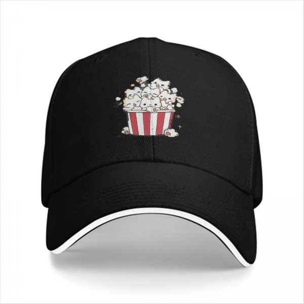 Black baseball cap with cute cat popcorn bucket graphic