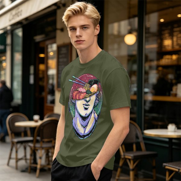 Olive T-Shirt With Classical Bust Ramen Bowl Art Print