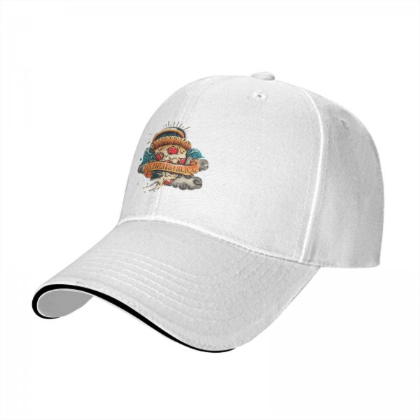Black baseball cap with Heaven's Slice pizza angel graphic