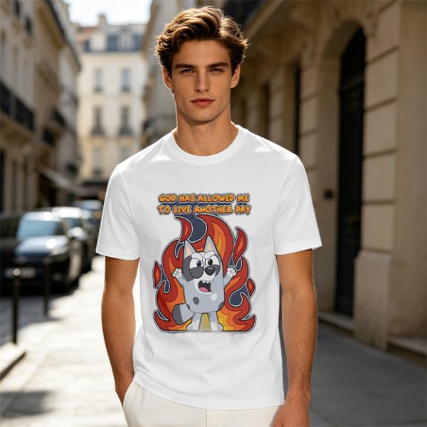 Olive t-shirt with cartoon dog and 'God has allowed me to live another day' print