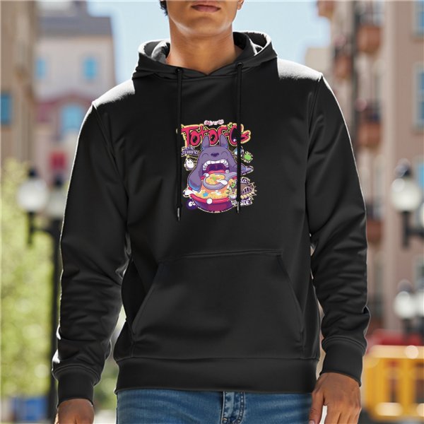 Black hoodie with Totoro themed cereal graphic print