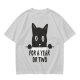 Olive graphic t-shirt with black cat holding 'for a year or two' text