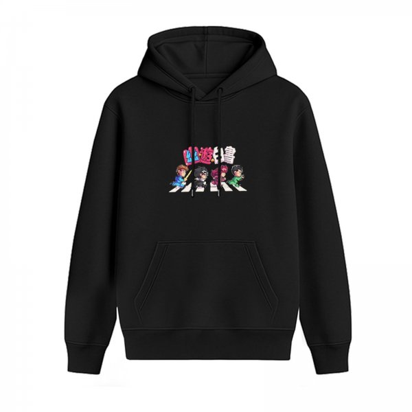 Black hoodie with anime characters crossing Abbey Road style design