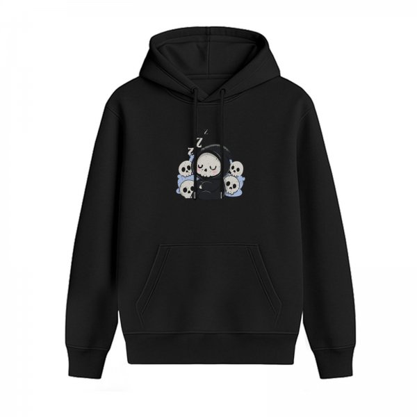Black hoodie with cute sleeping grim reaper and skulls graphic