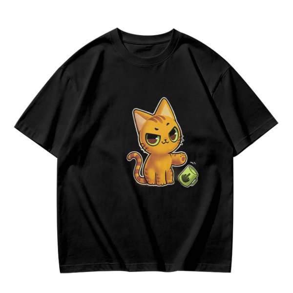 Olive T-shirt with mischievous orange cat knocking over green cup print