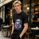 Olive T-shirt with Gothic Skull Teacup and Roses Print