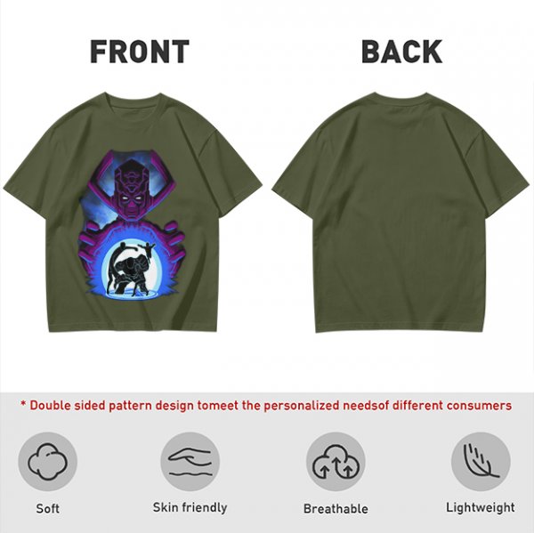 Olive T-Shirt Featuring Galactus Holding Silhouetted Superheroes
