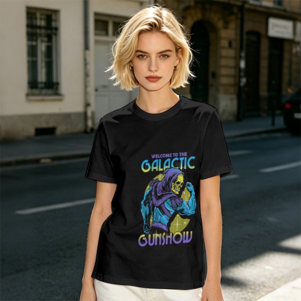 Olive T-shirt with Galactic Gunshow Skeleton Graphic Print