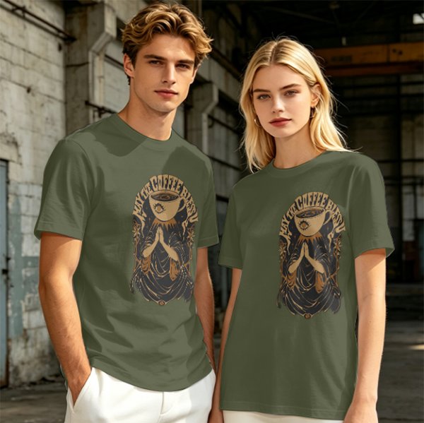 Olive green t-shirt with Pray the Coffee Brew graphic print
