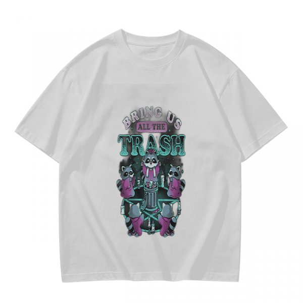 Olive graphic t-shirt with raccoons and 'Bring Us All The Trash' text