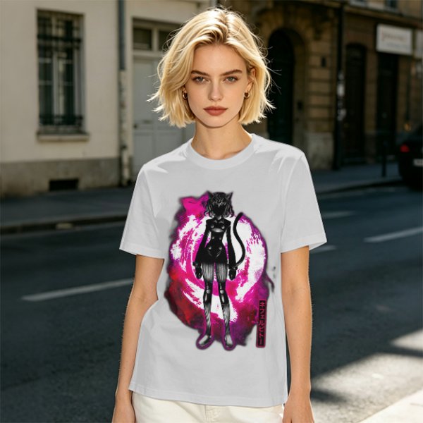 Olive anime cat character graphic t-shirt with pink abstract background