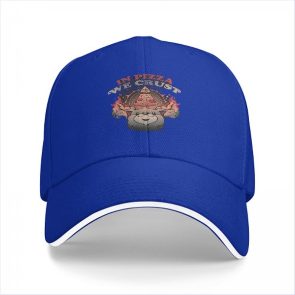 Black baseball cap with 'In Pizza We Crust' graphic print