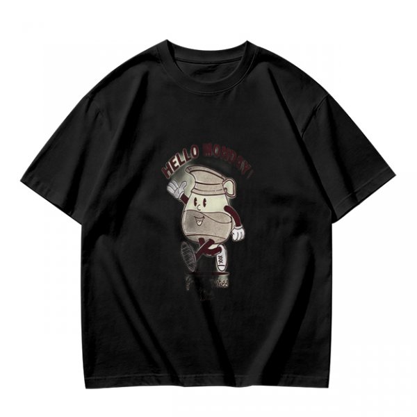Olive Green T-Shirt with 'Hello Monday!' Coffee Character Graphic