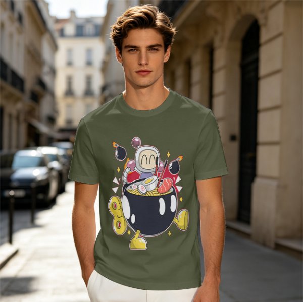 Olive T-shirt with Bomberman Character Eating Ramen Print