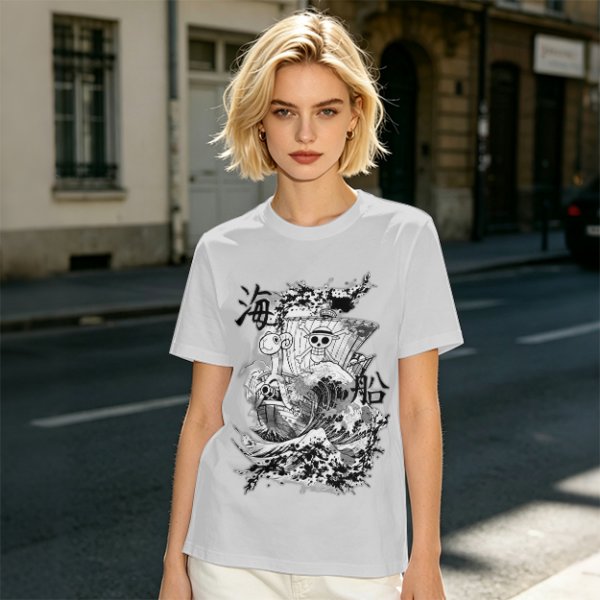 Olive T-shirt with One Piece Going Merry Ship Ink Art Print