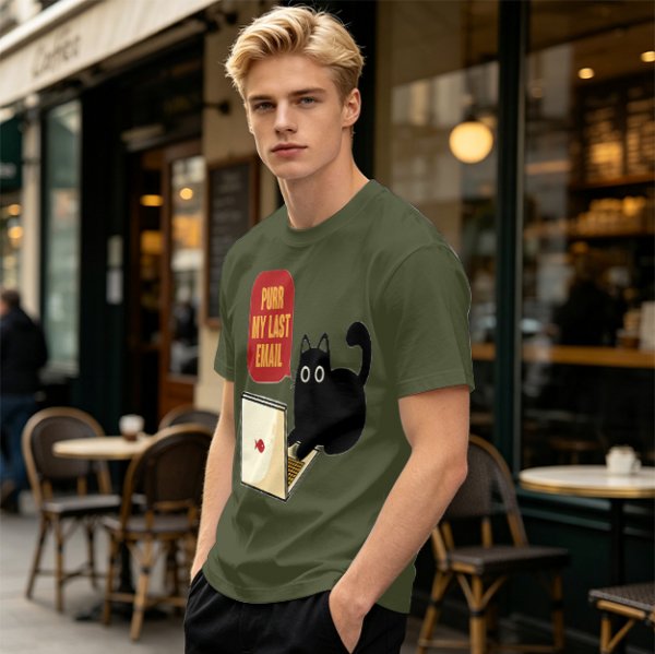Black cat typing on laptop with 'Purr My Last Email' graphic t-shirt