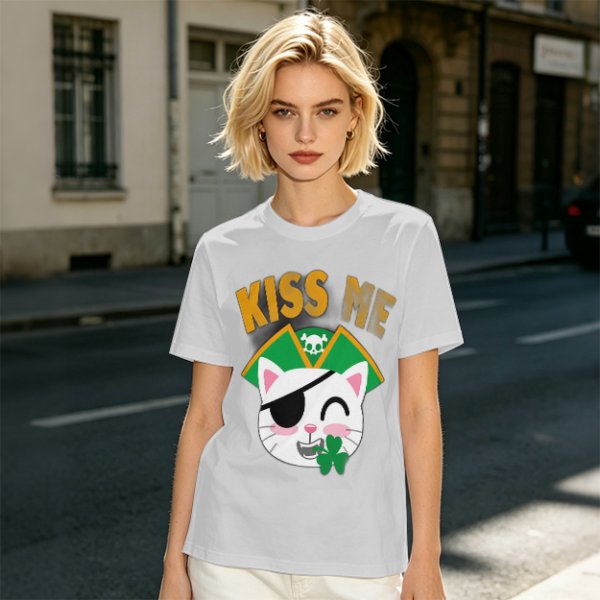 Kiss Me Pirate Cat Shamrock Graphic T-Shirt