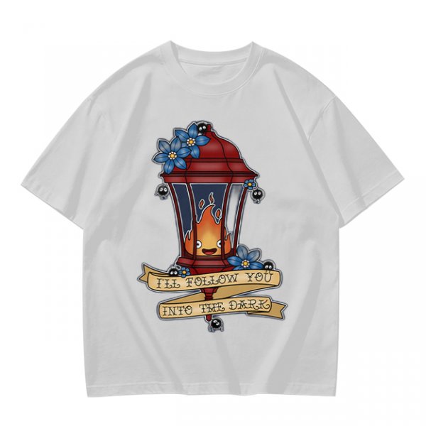 Olive t-shirt with lantern flame graphic and 'I'll follow you into the dark' text