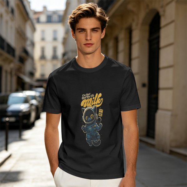 Olive T-shirt with Astronaut Cat 'I'm Just Here For The Milk' Print